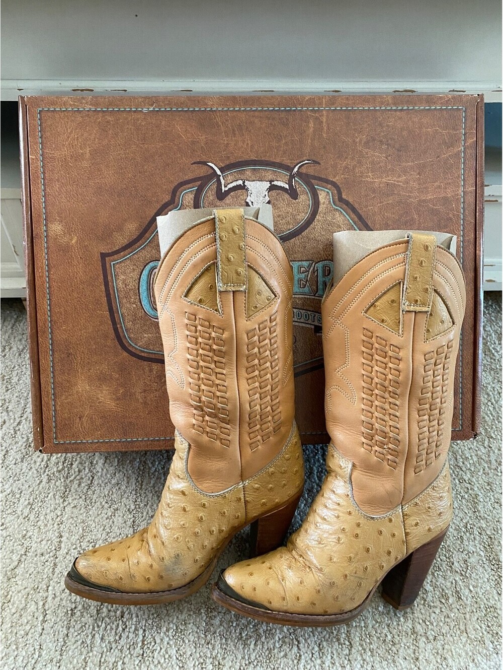 Vtg Zodiac Carmel Tan Ostrich Cowgirl Western Boots Women's Sz 5